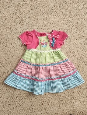 Youngland Pink Green Blue Gingham Tiered Dress with Bow